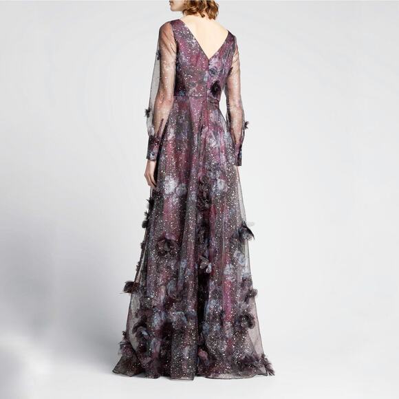 Marchesa Gown 3D Floral Purple Black Printed Organza Foiled Long Sleeve Sz 6 - Picture 2 of 13